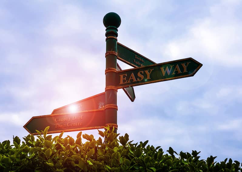 PSYCH-K as the easy way to create change represented by a photo of a black, metal signpost peaking out above a hedge. There are 5 signs on it going in different directions but the only one you can read has Easy Way written in gold on it and it points out over the hedge. The sky is bright behind and the sunshine is glinting off the other signs.