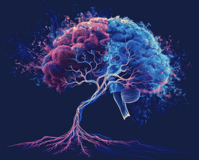 A really colourful image of a brain. The front section is predominately pink and the back half more blue with both colours on both sides. It looks like it has been splashed with paint as those colours are sprayed in all directions. There are lines that look like they are nerves illustrating the branches, trunk and roots of a tree. This image represents how we get to the root cause of mind-body dis-ease.