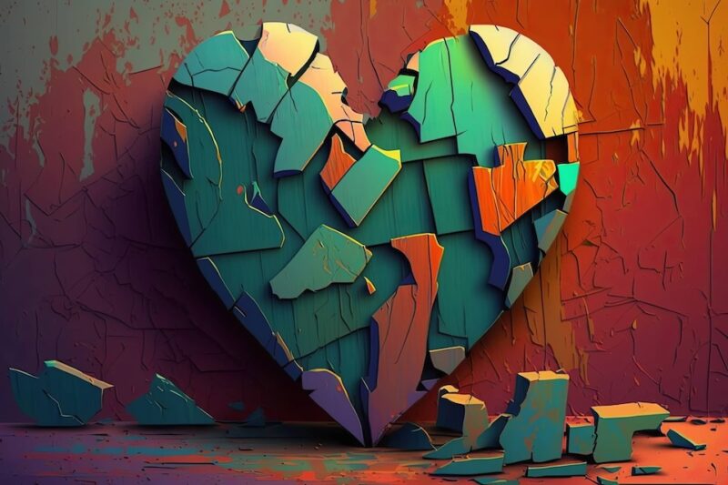 A massive heart it looks like it is made from wood it is multi-coloured in green, yellow, red and bits have fallen out. This image was chosen to reflect trapped emotions and previous hurts that are trapped in our bodies and cause us to fragment. These can be the things that hold us back and cause us to procrastinate.